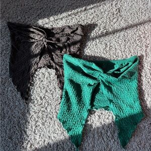 Textured Tie-Front Bandeau Top - Green and Brown